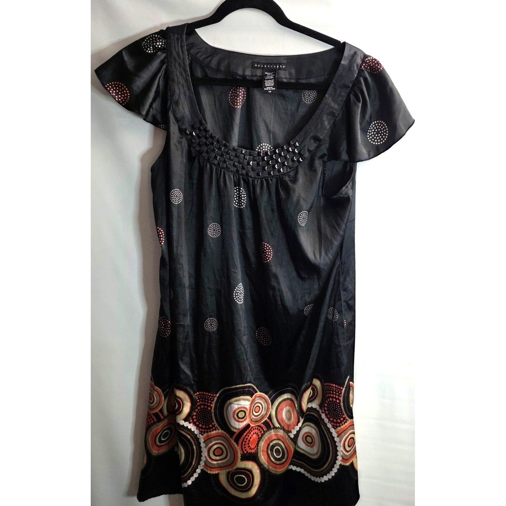 Apostrophe Black Beaded Neckline Ruffle Sleeve Circle Print Satiny Dress Large